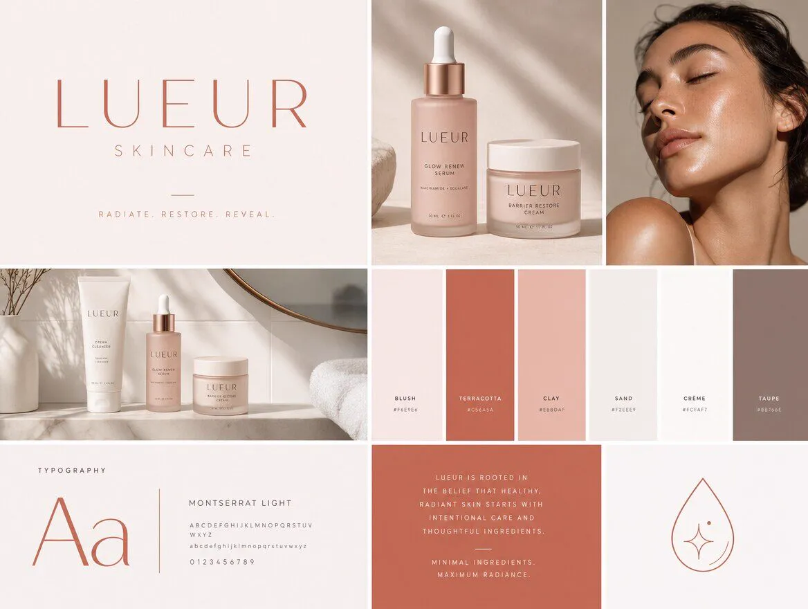 Planche d’identité de Lueur, une marque de soins : logo fin, flacons, palette rosée et typographie.