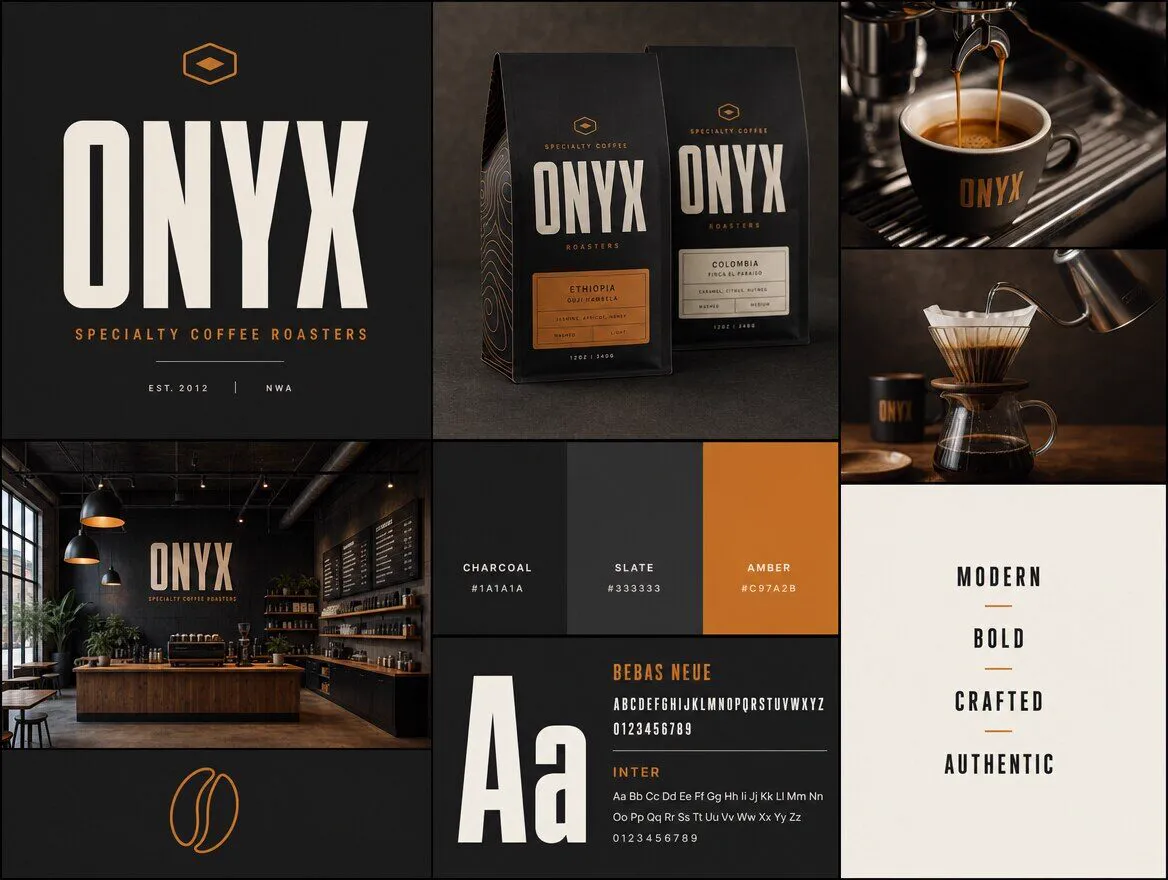 Planche d’identité d’Onyx, un torréfacteur : logo en capitales, paquets de café noirs, boutique et typographie.