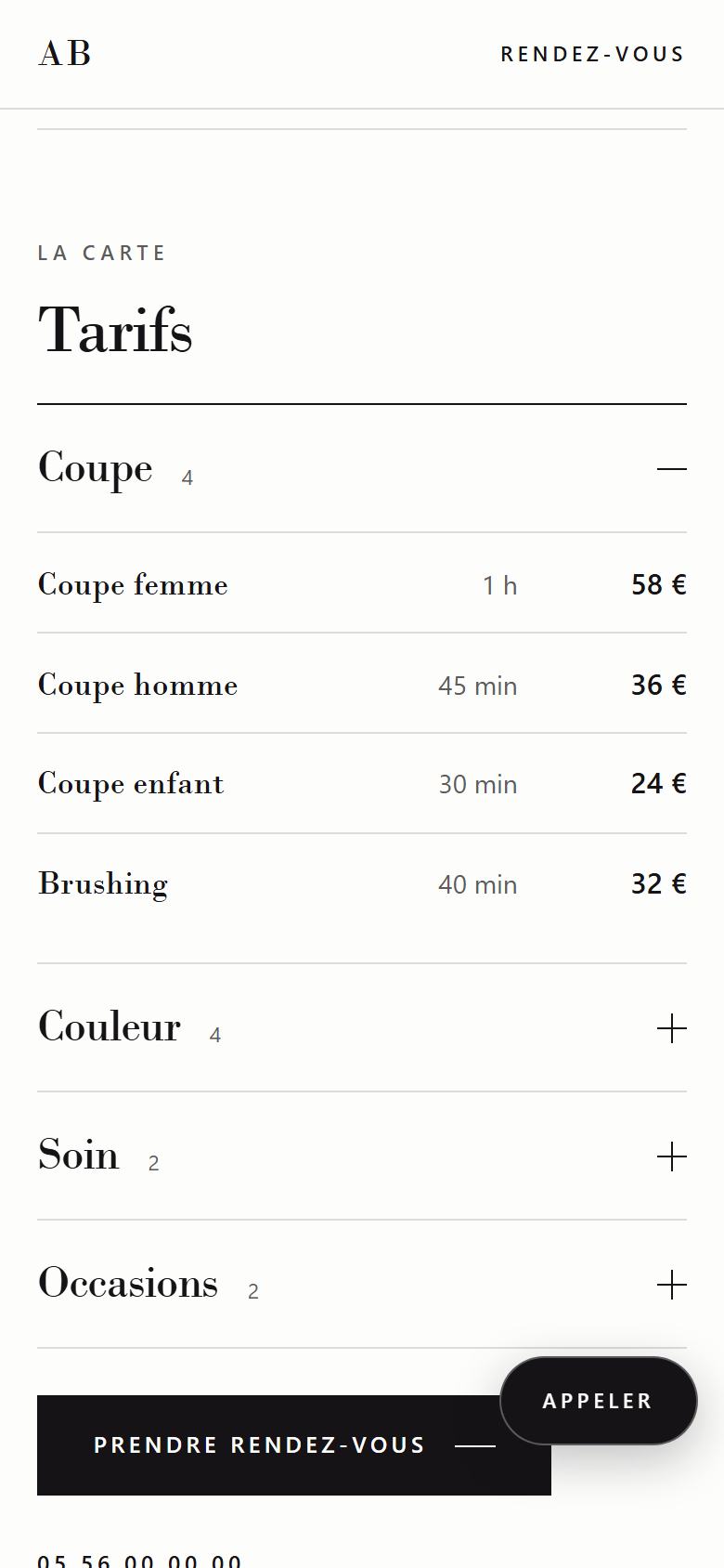 Les tarifs de l’exemple coiffure sur un téléphone.